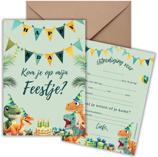 Uitnodigingen voor een dinosaurus kinderfeestje, met kaart en envelop.