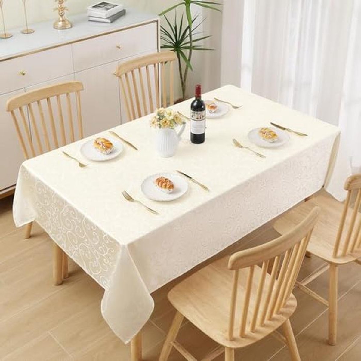 Afwasbaar Rechthoekig Tafelkleed 130 x 220 cm - Polyester Jacquard Tafellinnen in Beige