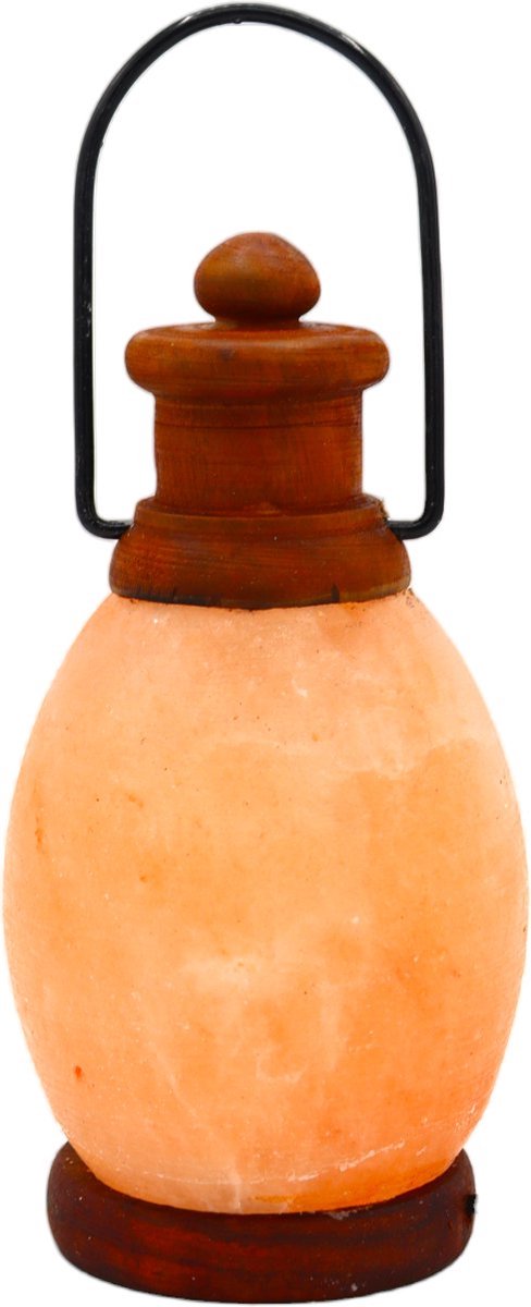 Zoutlamp Nachtlampje USB – Lantern Tafellamp – 8 x 8 x 15 cm – Met Houten Voet – LED Verlichting