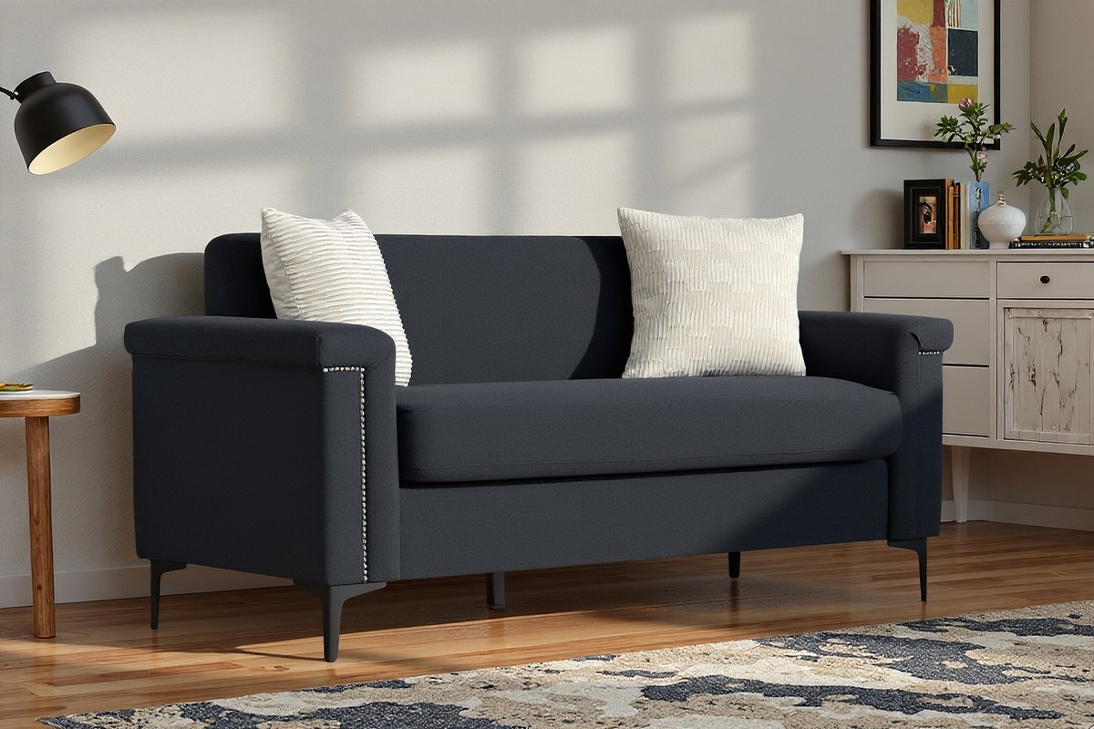 REDOM 2-zits bank 172×72×82 cm van linnen, massief houten frame en metalen poten, vaste zitkussens Zwart