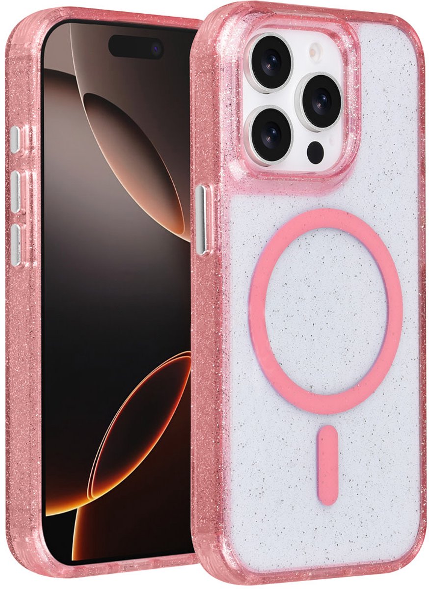 TUNIQ telefoonhoesje voor Apple iPhone 15 Pro - MagSafe met glitter en koord - Roze