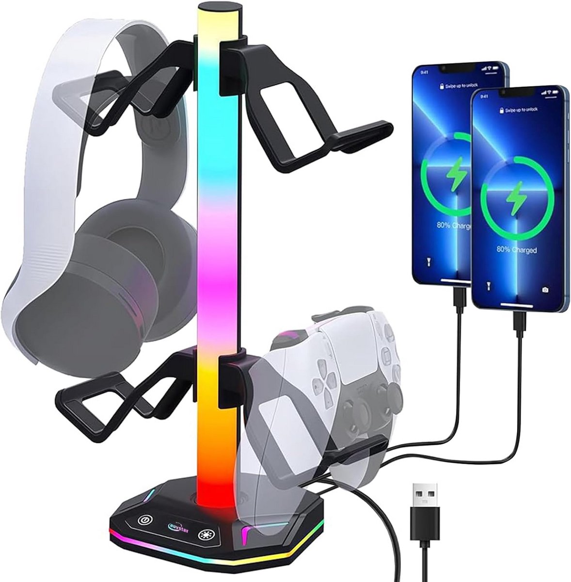 RGB Hoofdtelefoonhouder met Verzwaarde Basis en Oplader - Gaming Hoofdtelefoonhouder met USB en Type C
