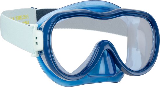 Masque de plongée bleu avec une lentille transparente et une sangle bleu clair.