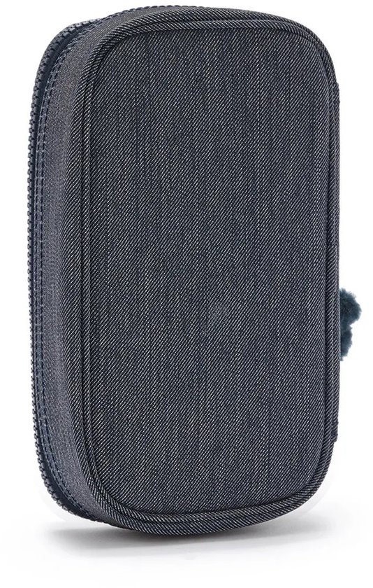 Donkerblauwe denim etui met rits, de zijkant.