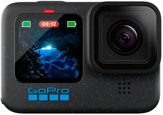 Zwarte GoPro HERO 12 Black actioncam met spatten patroon, scherm en lens.