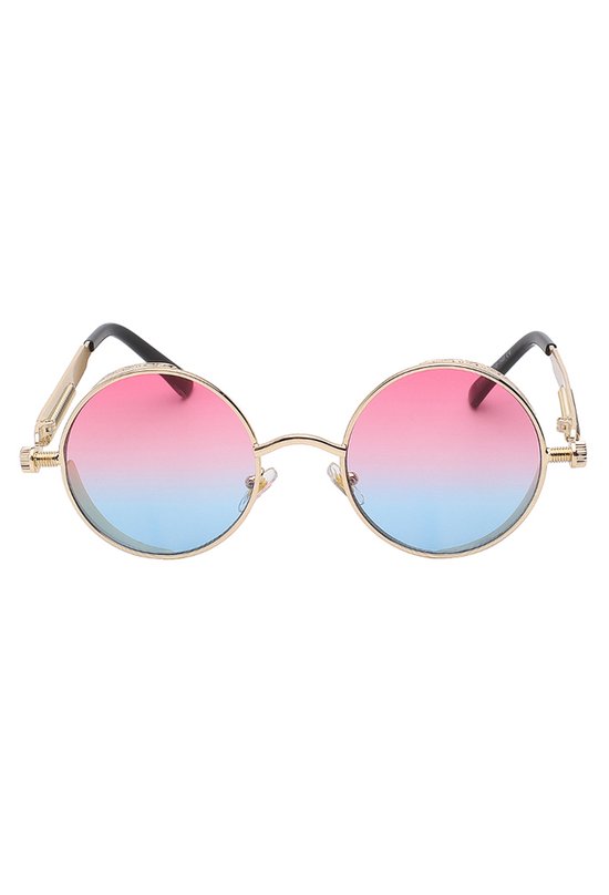 KIMU Ronde Bril Steampunk Vintage - Goud Montuur Rond - Roze Blauwe Glazen - Gouden Zonnebril - Retro Hippie Uv Blauw Gradient Festival van Merkloos — afbeelding 3