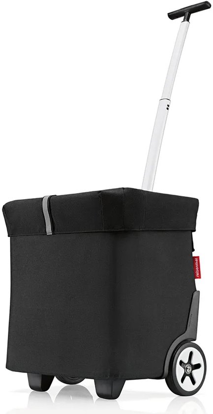 Zwarte boodschappentrolley met uitschuifbare handgreep en twee wielen.