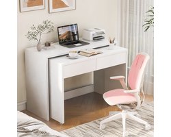 OKWISH Bureau – 2-in-1 Uitschuifbaar Compact Bureau – 110×40×78 cm – 2 Lades – Mobiel met Remwielen – Multifunctioneel Voor Thuiskantoor/Slaapkamer/Hal – Spaanplaat Wit