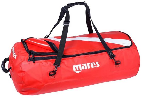 Sac de plongée rouge Mares avec bande blanche, poignées noires et fermeture éclair.