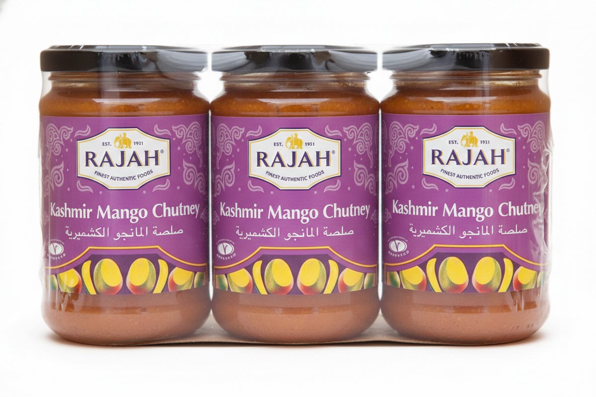Rajah Kashmir Mango Chutney (3 x 340 g) Indiase natuurlijke kom, ideaal voor curry's, kaas, gegrild en meer glutenvrij met Kajal Sticker