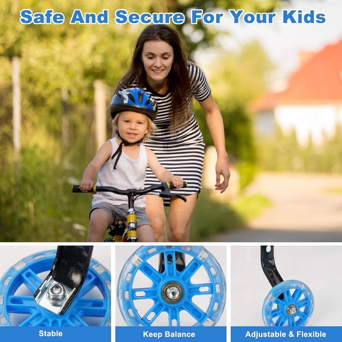 Stabiele steunwielen voor kinderfietsen in blauw, verstelbare fietsstabilisatorkit met glinsterend design en één versnelling.