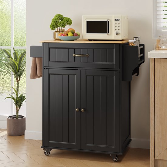 Bealife AK61 Armoire de cuisine roulante – Armoire de cuisine avec plan de travail et roulettes – 64 x 45 x 90 cm – Noir