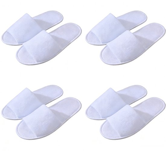 Vier paren witte, wegwerp badstof slippers met open neus, gerangschikt in een 2x2 raster.