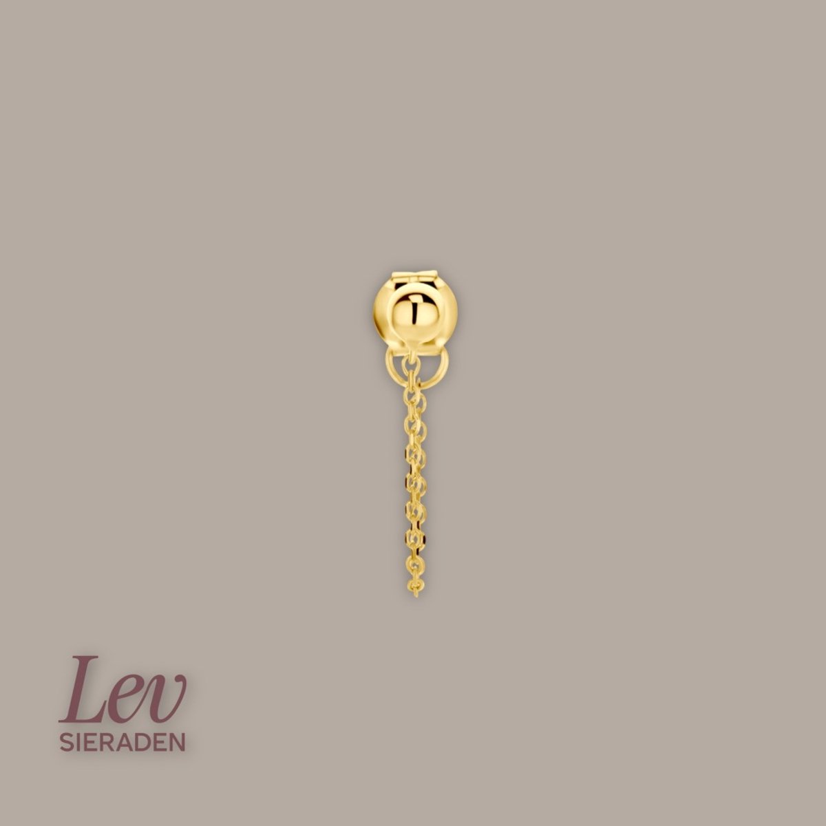 Lev Sieraden - 14 karaat geelgouden oorknop bolletje met ketting - per stuk