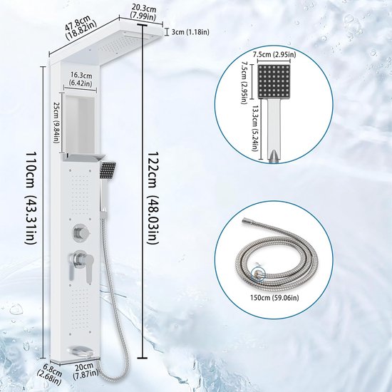 Wit douchepaneel met afmetingen weergegeven: 122cm hoog, 20.3cm breed. Met regen-, waterval-, handdouche en massagejets.