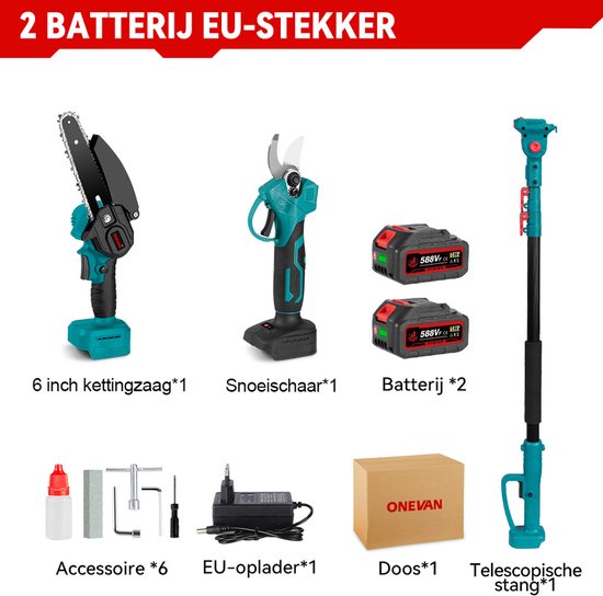 ONEVAN Accu Hoogsnoeier - Snoeischaar Telescopische steel - Borstelloze kettingzaag - snoeizaag voor hoge takken - Met 2 Accus - voor boomtakken, houtzagen — afbeelding 3