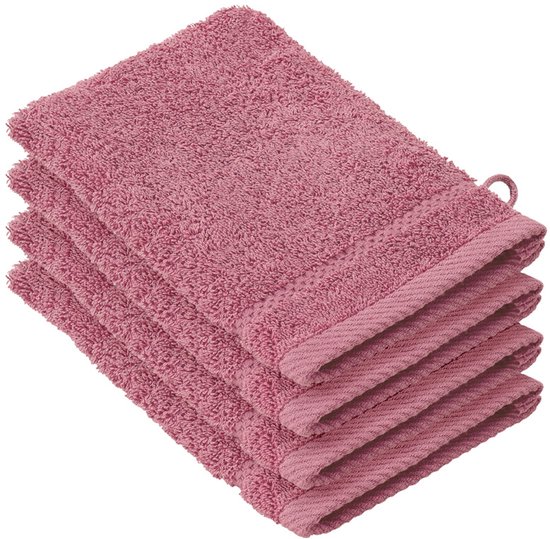 Vier roze washandjes van De Witte Lietaer, 15 x 21 cm, met een lusje aan de zijkant.