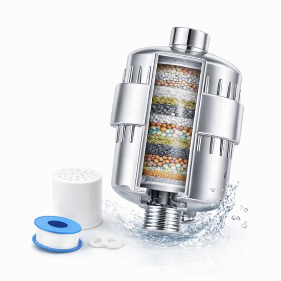 Zilveren douchefilter met 7 lagen filtratie, inclusief extra witte filter en montagetape.
