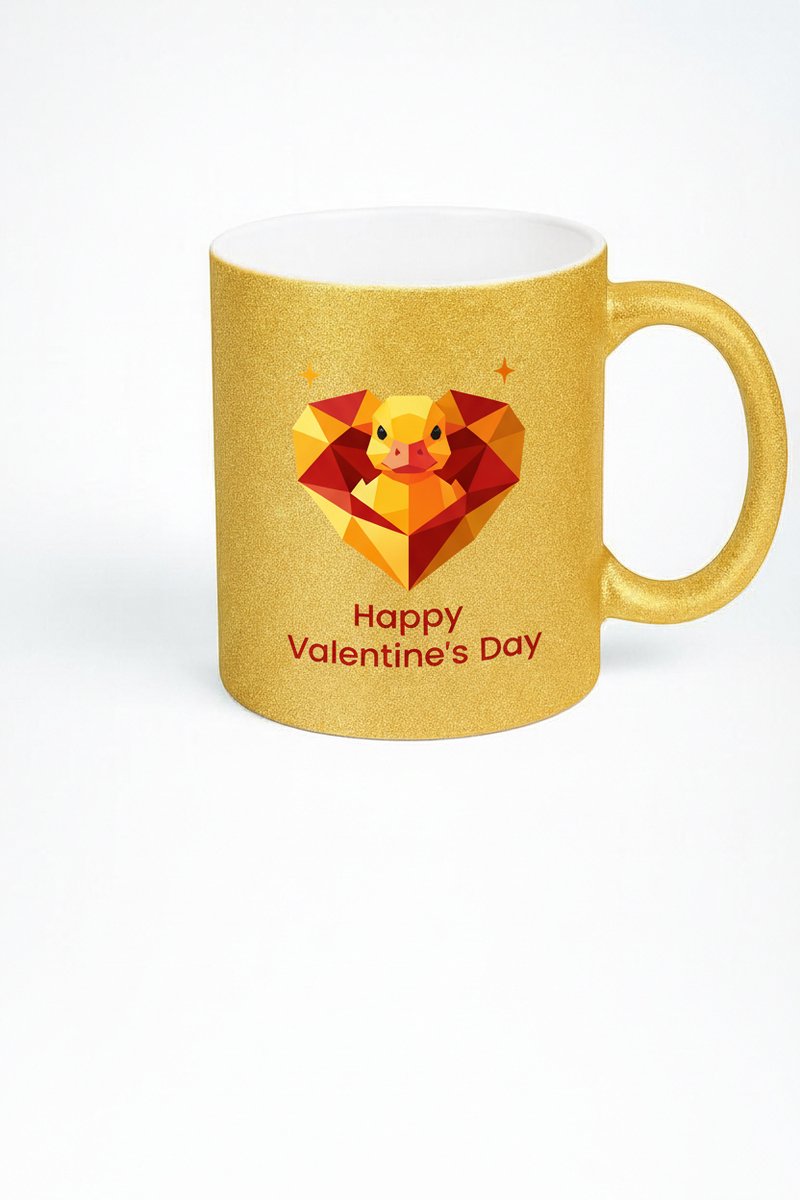 Gouden Glitter Valentijn Mok - Happy Valentine's Day Eendje & Hart Design