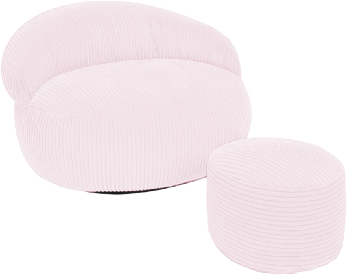Bananair - Zitzak XXL met poef - Afneembare hoes - Ribfluweel - 110x100 cm - Roze