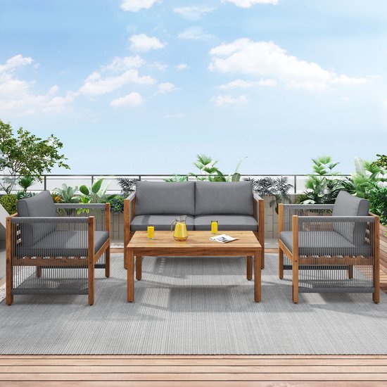 Loungeset, Tuinmeubelset, met comfortabele kussens, Zitgroep, Zitgarnituur Terrasmeubelen, 2-zits bank, 2 fauteuils en tafel, Outdoor, Tafel en Stoelen, Rattan look, Acacia, grijs