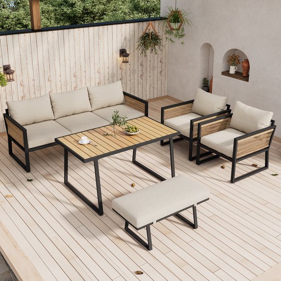 Tuin Eetgroep, Tuin Lounge Stoelen Set, 5-delige Tuinmeubelset, 3-zits bank, 2 fauteuils, Poef en Eettafel, Tafelblad van kunststof hout, Armleuningen van gevlochten touw, gegalvaniseerd staal, Beige