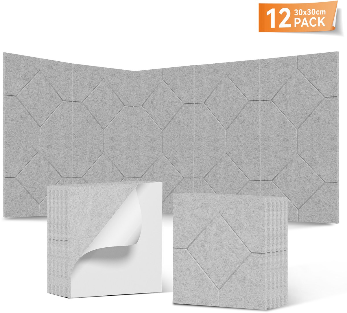 Aufun Ruitvormige Akoestische Panelen 30x30cm Lichtgrijs - 12 Stuks Zelfklevende Wandbekleding
