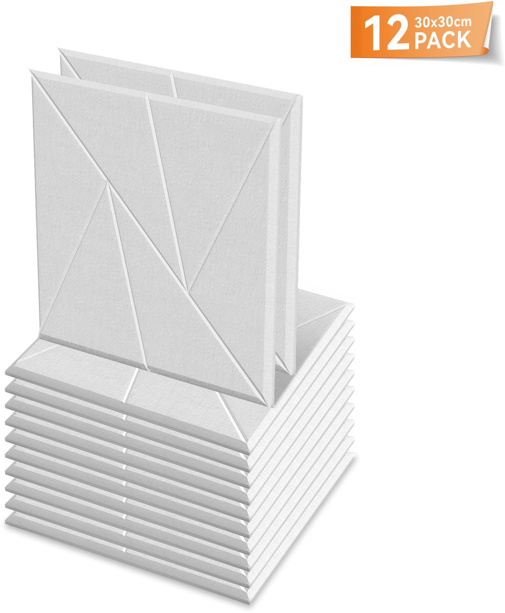 Aufun V-vormige Akoestische Panelen 30x30cm Wit - 12 Stuks Zelfklevende Wandbekleding