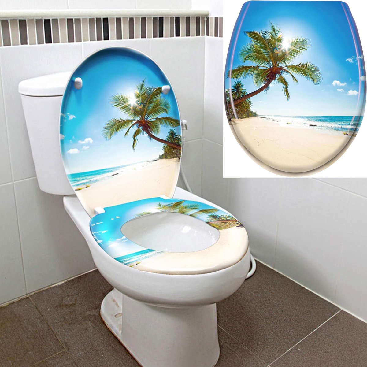 Aufun Toiletbril met Softclose - Zonneschijn strandpatroon - 45 x 38cm - WC-Bril van MDF met Thermohardend Deksel