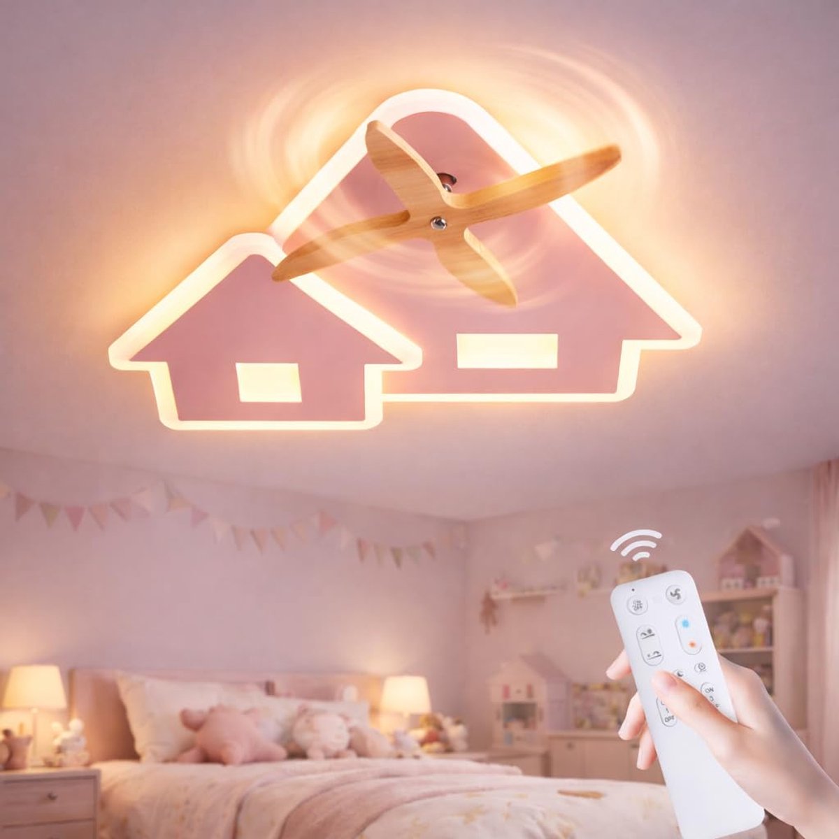 Epochglo LED Plafondlamp Kinderkamer - Roze Huis Design met Houten Windmolen (Draaibare Wieken) - 28W 2380LM - Dimbaar (3000K-6000K) - Afstandsbediening, Nachtlampje & Timer - Vrolijke Slaapkamerlamp voor Meisjes & Jongens