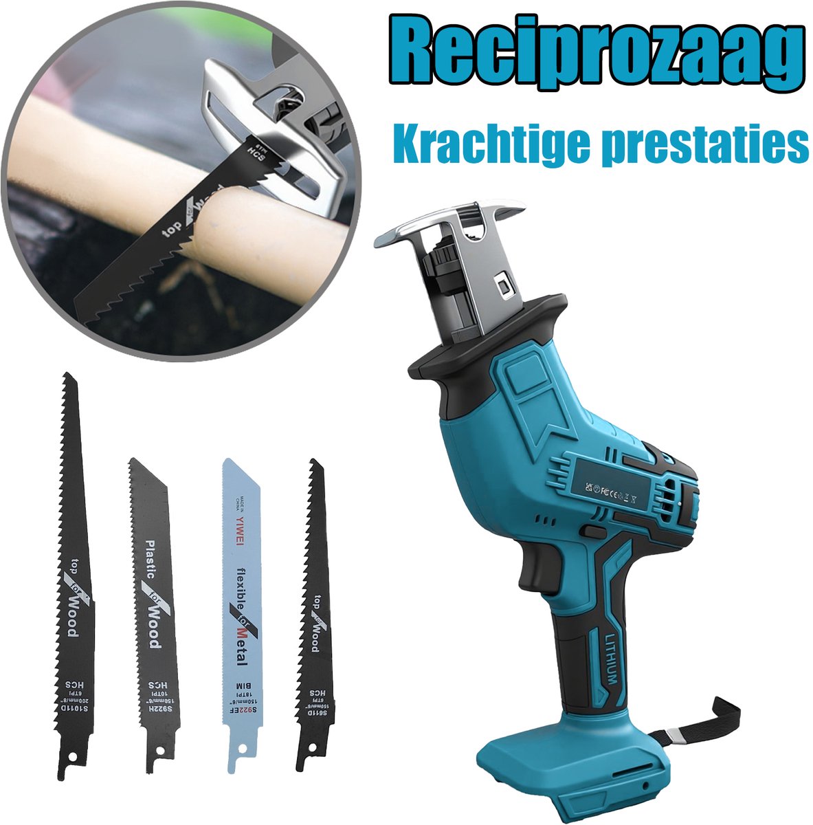 Draadloze reciprozaag, elektrische zaag met accu en oplader, 18V accu-aangedreven zagen, 0-3500 SPM variabele snelheid, gereedschapsvrije verwisseling, 4 zaagbladen voor hout PVC metaal buis boomzagen, zonder accu