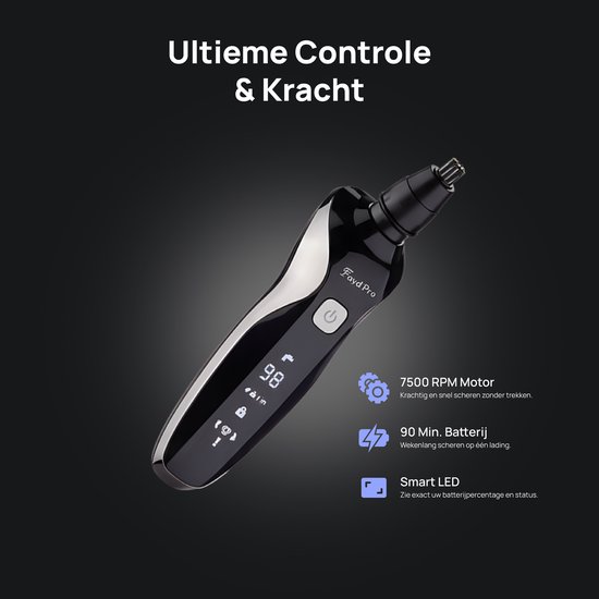 Zwarte Fayd Pro neustrimmer met digitaal display, op een donkere achtergrond. Ultieme Controle & Kracht.