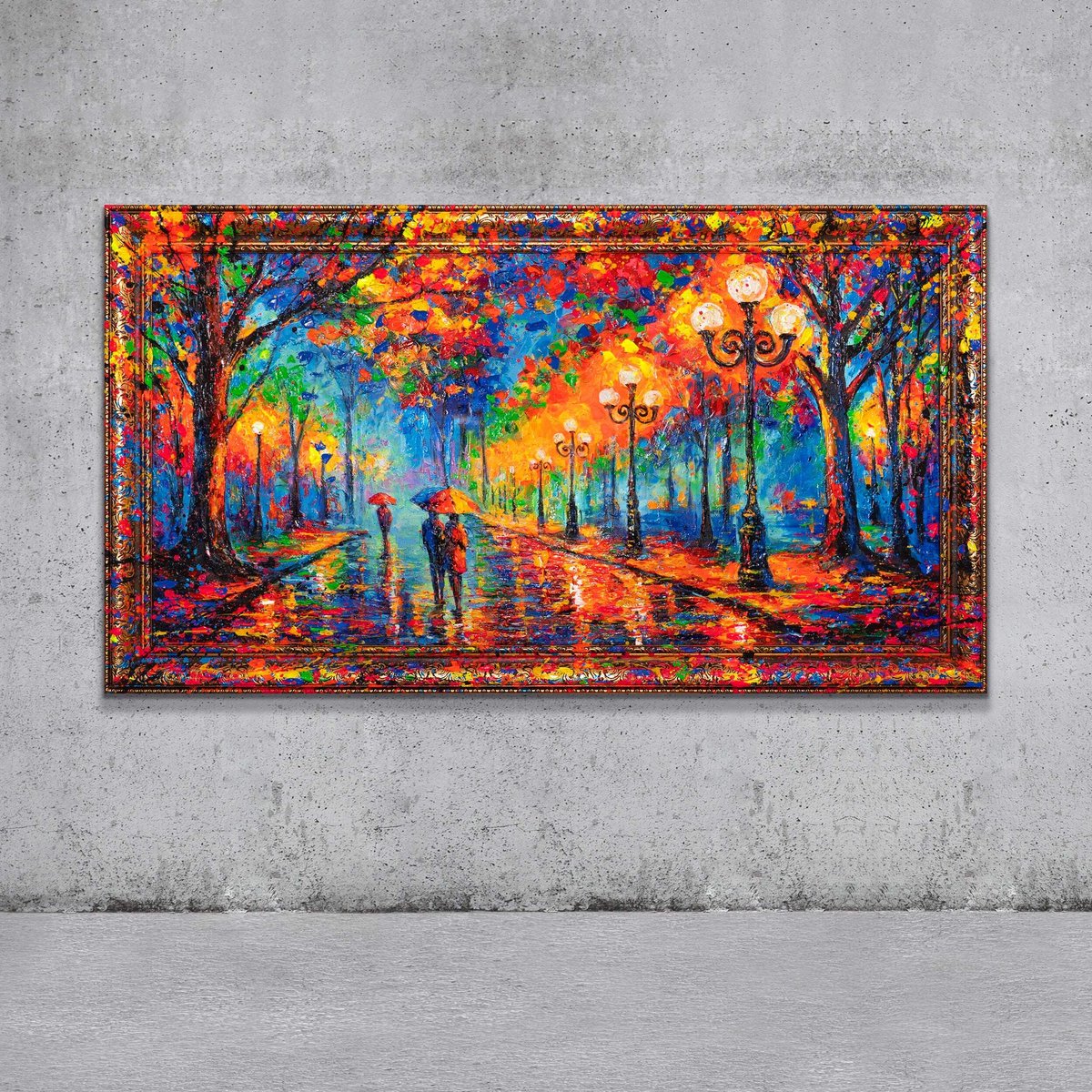 YS Canvas schilderij groot handgeschilderd avondwandeling romantisch sfeervol – YS-Art Gallery – Romantische wanddecoratie voor woonkamer – Modern schilderij voor hal en kantoor Gold