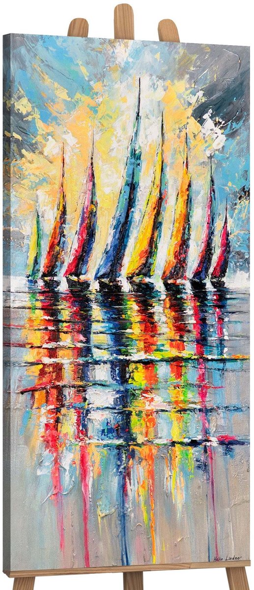 YS Canvas schilderij panoramisch 115x50 handgeschilderd kleurrijke zeilen maritiem – YS-Art Gallery – Vrolijke wanddecoratie voor woonkamer – Modern schilderij voor hal