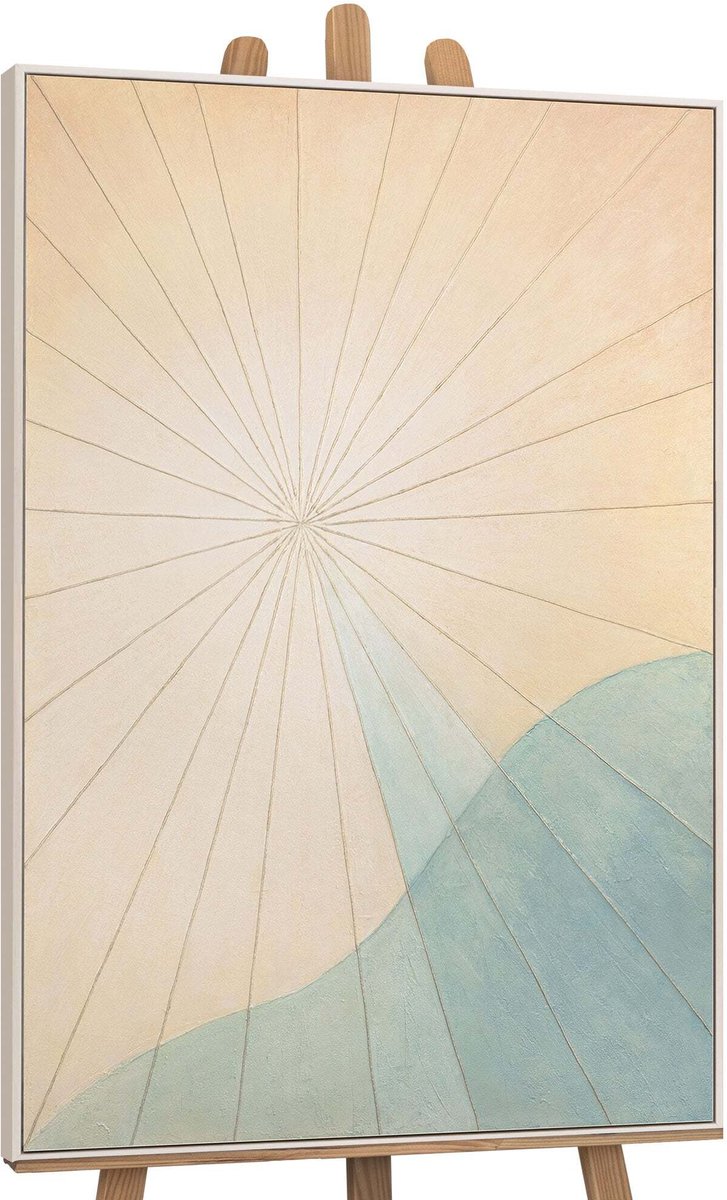 YS Canvas schilderij 120x80 cm handgeschilderd zonsopgang boven de zee – YS-Art Gallery – Lijst: Beige – Luxe wanddecoratie