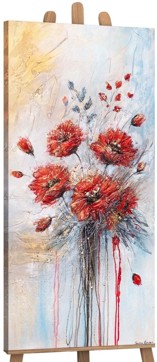 YS Canvas schilderij panoramisch 115x50 handgeschilderd rode klaprozen bloemen – YS-Art Gallery – Uitbundige wanddecoratie voor woonkamer – Modern schilderij voor hal