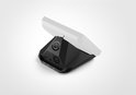 Zwarte standaard voor Stream Deck+, met USB- en XLR-poorten zichtbaar.