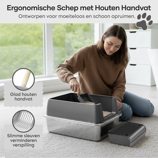 ADSafety Kattenbak RVS - Kattentoilet Roestvrijstaal - Incl. Kattenbakschep met Houder en Gritopvang Opstapje - 2 in 1 Open Kattenbak met Afneembare Deksel - 60x40x38cm - Donkergrijs
