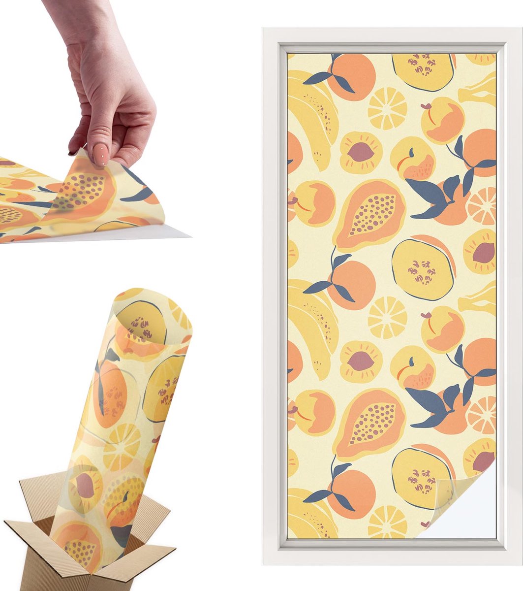 TULUP Raamfolie Anti inkijk - Sappig fruit Privacy Folie Raam - 50x116 cm - Geel Anti inkijk Folie - Raamfolie Tegen inkijk Glas in Lood - Naar de keuken, naar de eetkamer - Raamfolie Zonwering Geel - Sappig fruit