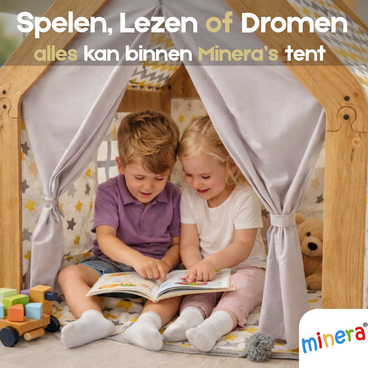 Minera® Tipi Tent - Speeltent - Jongens & Meisjes - Binnen Speelgoed - Speelhuisje voor Kinderen - Houten Kinderhuisje - Kindertent vanaf 1 tot 7 Jaar - Geel met Blauw — afbeelding 4