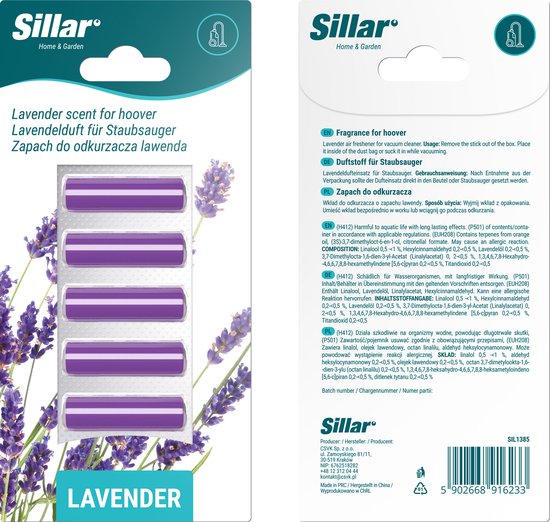 Sillar geurstaafjes voor stofzuiger - stofzuigerverfrisser - geur voor in de stofzuiger - lavendelgeur - 5 stuks