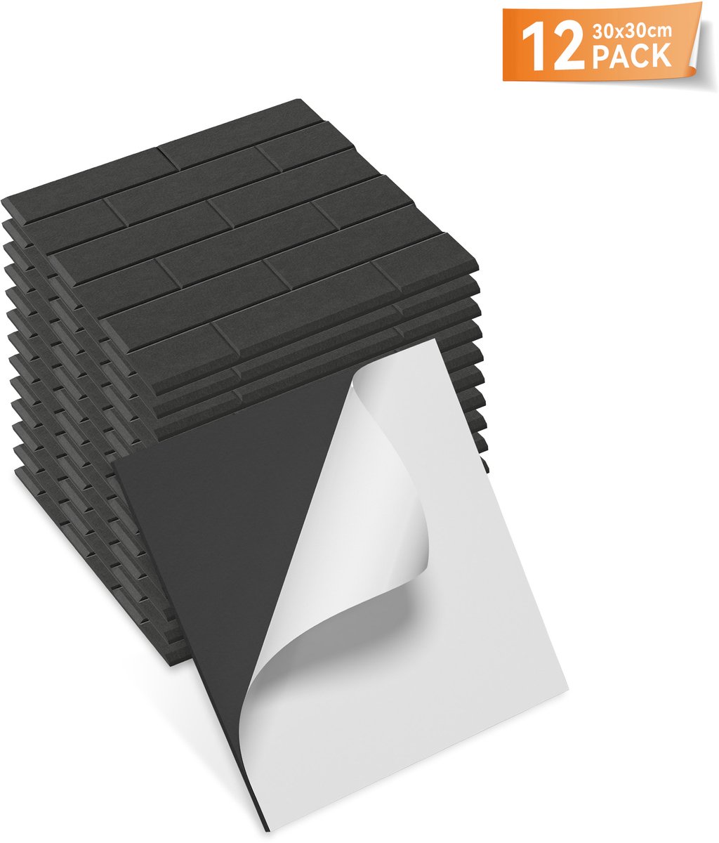Aufun Vierkante Baksteenvormige Akoestische Panelen 30x30cm Zwart - 12 Stuks Zelfklevende Wandbekleding