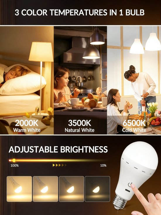 Oplaadbare e27 led lamp - Led lampen - Led lights - 3 kleurtemperaturen - Met afstandsbediening/oplaadbaar/timerfunctie/Dimbaar - Draadloze noodverlichting voor binnen en buiten - 2 stuks van Merkloos — afbeelding 5