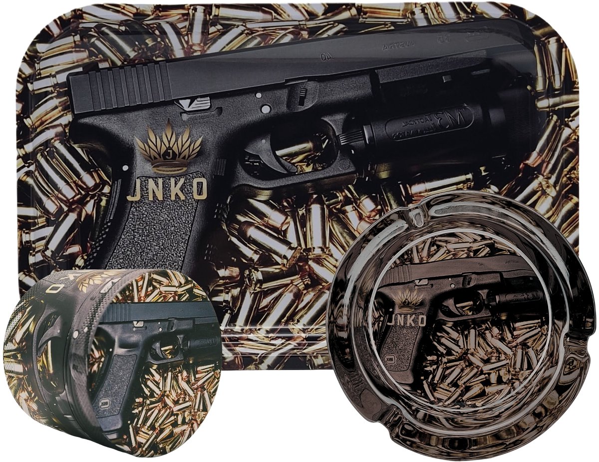 Grinder + Metalen Dienblad XXL + Asbak – 3-delige Set – Gun Art Design - JNKO