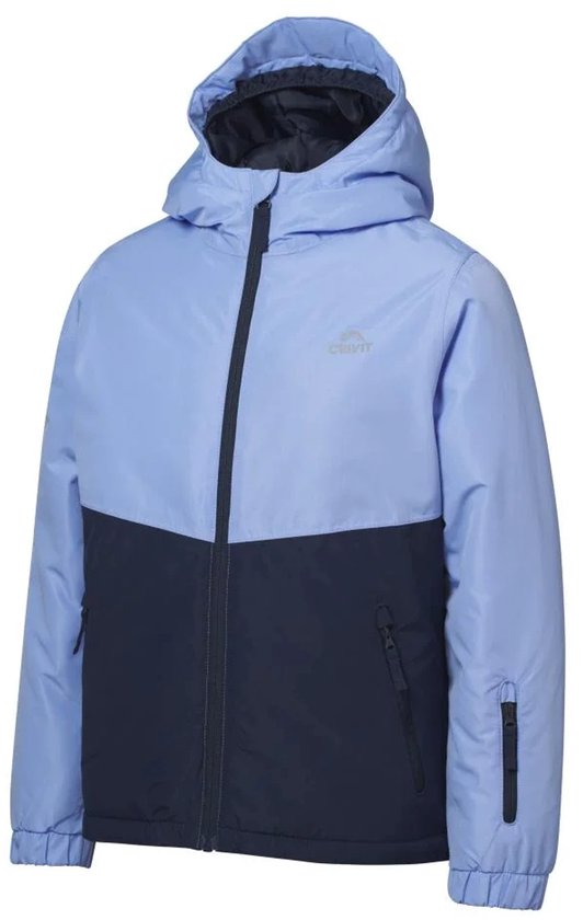 Lichtblauwe en donkerblauwe kinder ski jas met capuchon en rits. Een YKK rits is zichtbaar.
