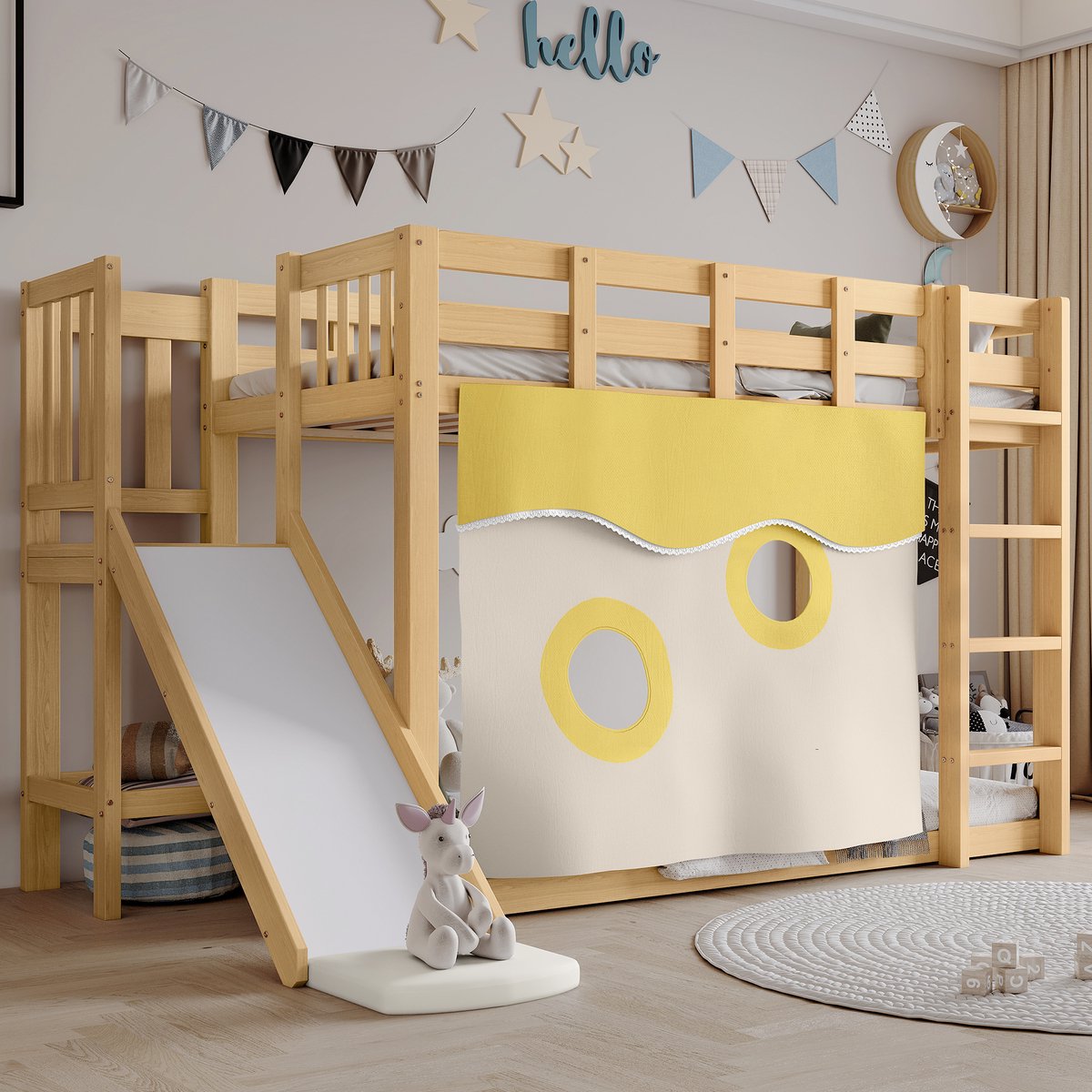 Clruro Stapelbedden - 90x200cm - Houten Hoogslaper Met Trap En Reling - Met Bedgordijn En Glijbaan - Kinderbed Met Veiligheidshek - MDF + Kiefer - Naturel