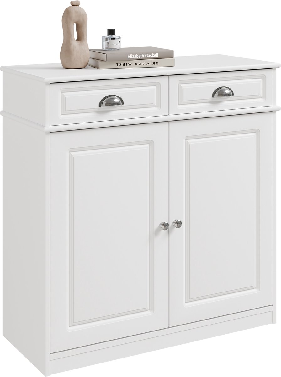 SoBuy Schoenenkast, wit, Nordic Commode, schoenenopslag met laden en vakken, draagkracht 74 kg, voor entree, woonkamer of keuken, MDF (E1) – 80 x 35 x 82 cm FSB104-W