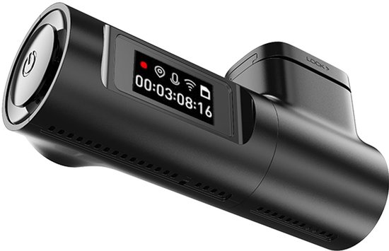 Zwarte AZDome dashcam met display met tijd en indicatoren voor wifi en opname.