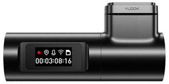 Zwarte AZDome dashcam met een display waarop de tijd en iconen worden weergegeven.