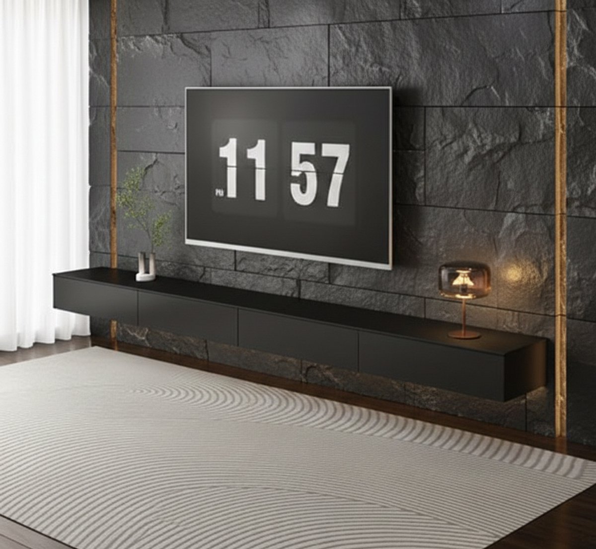 Zwevend TV Meubel Wandmontage van Massief Hout met Lades – Modern Wandgemonteerd TV Dressoir met Opbergruimte & Kabelmanagement – 160 cm Zwart – House&Garden